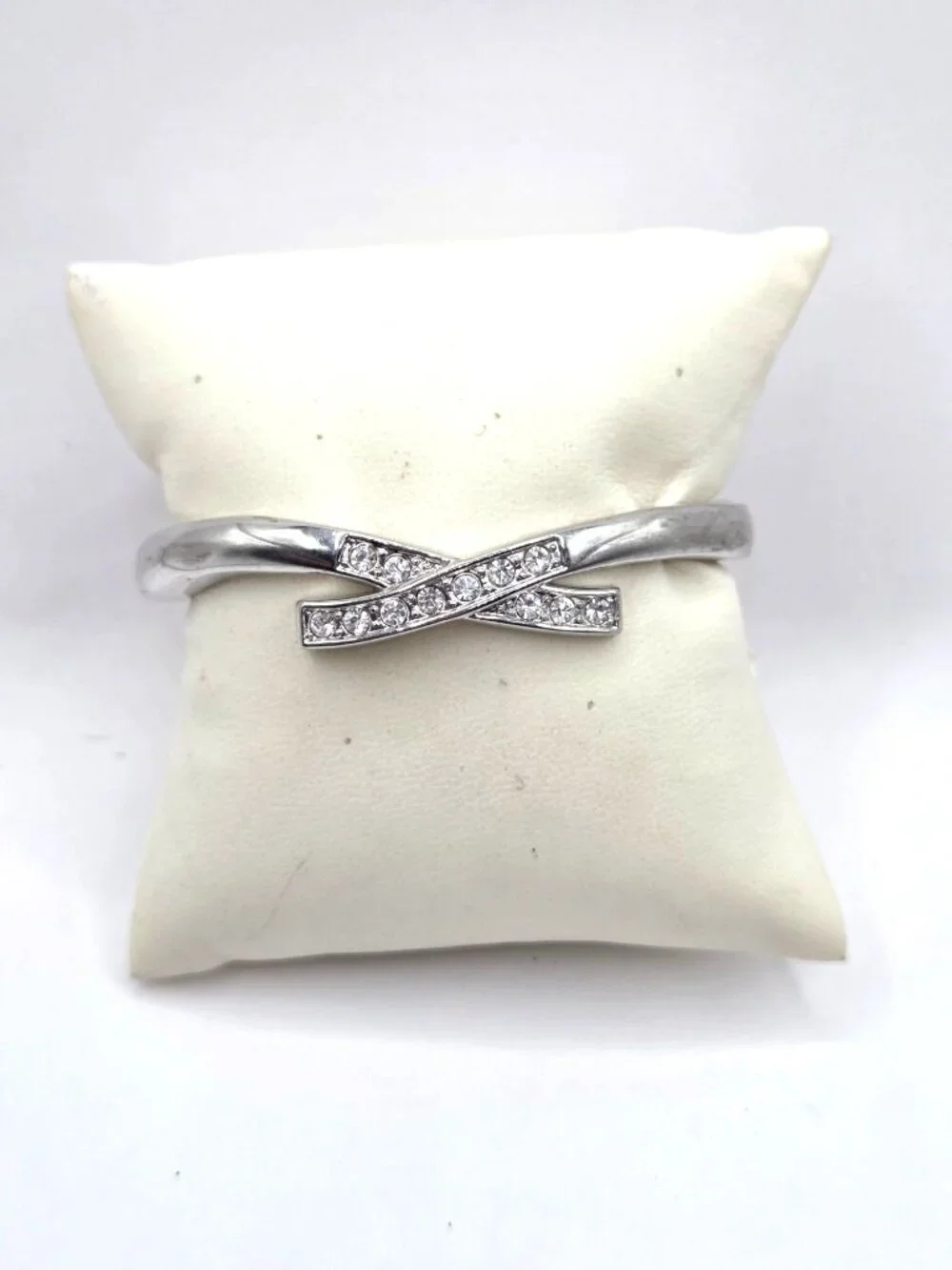 Crystal-Accented Silver-Tone Hinged Bangle Bracelet With X Design